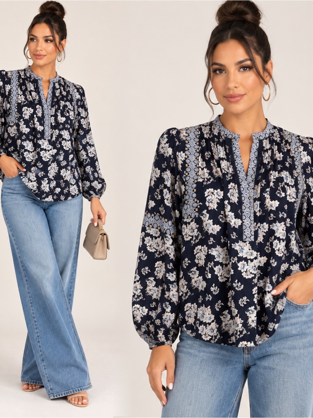 Rose & Olive Navy Floral Split V-Neck Peasant Blouse